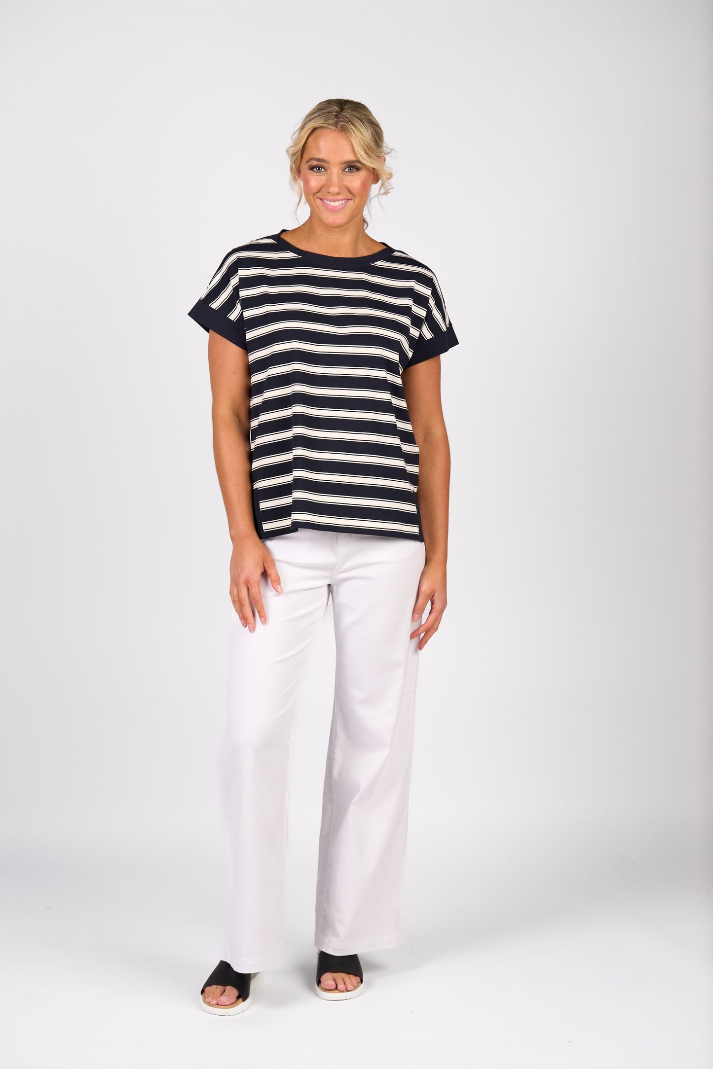 Vassalli Drop Sleeve Top with Stepped Hem Ink Stripe