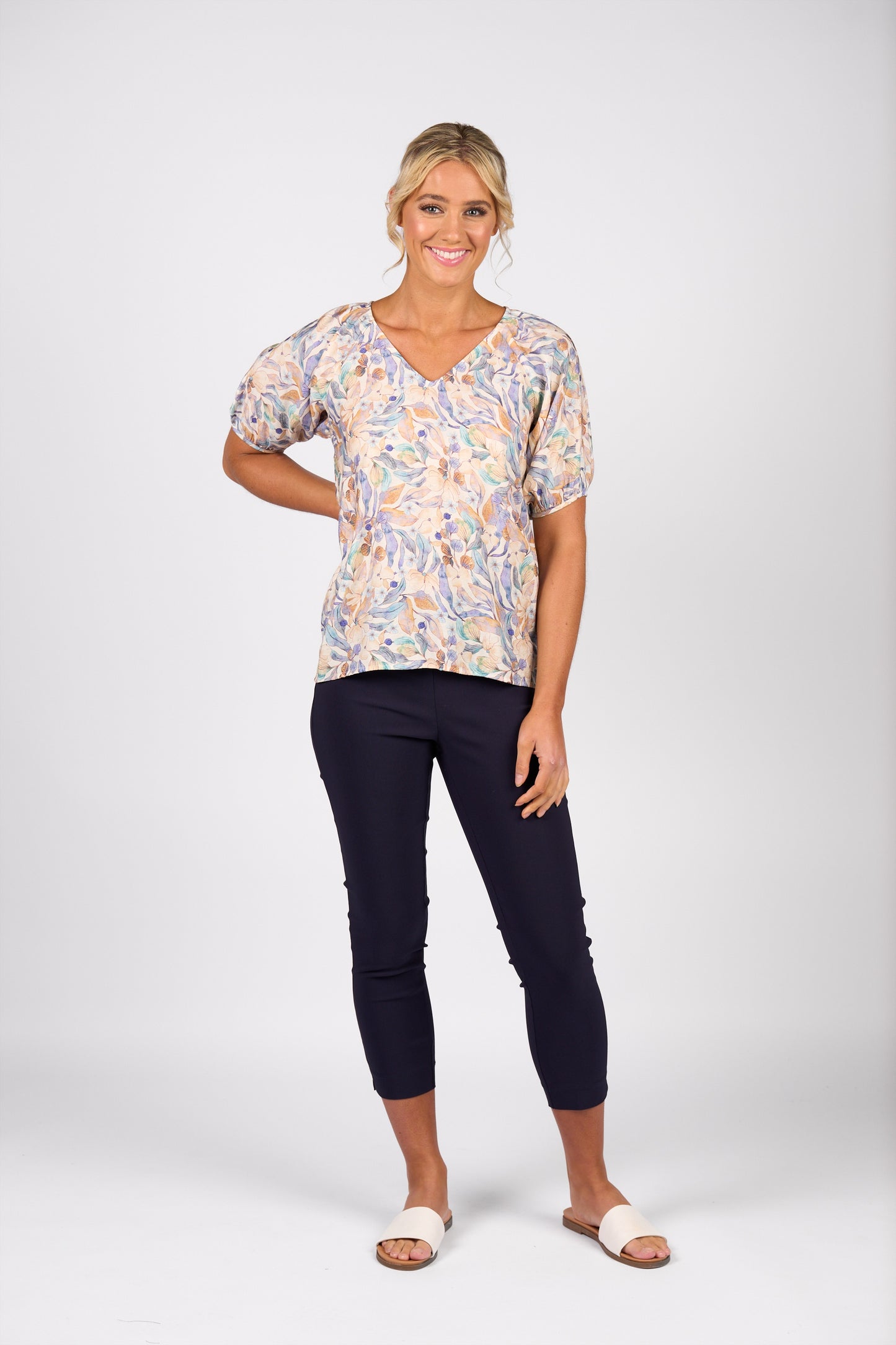 Vassalli Printed V Neck Top with Floaty Sleeve Amalfi