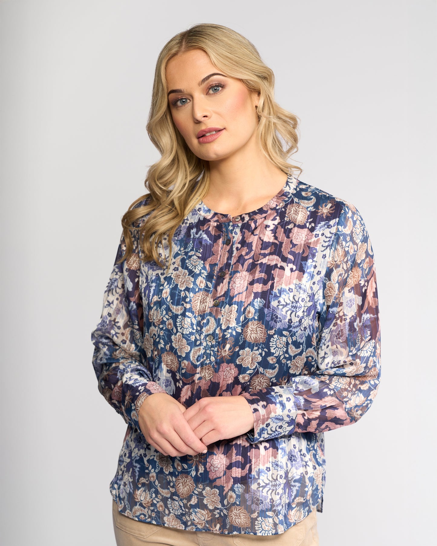 Vassalli Rhythm Collarless Half Placket Top - Rhea