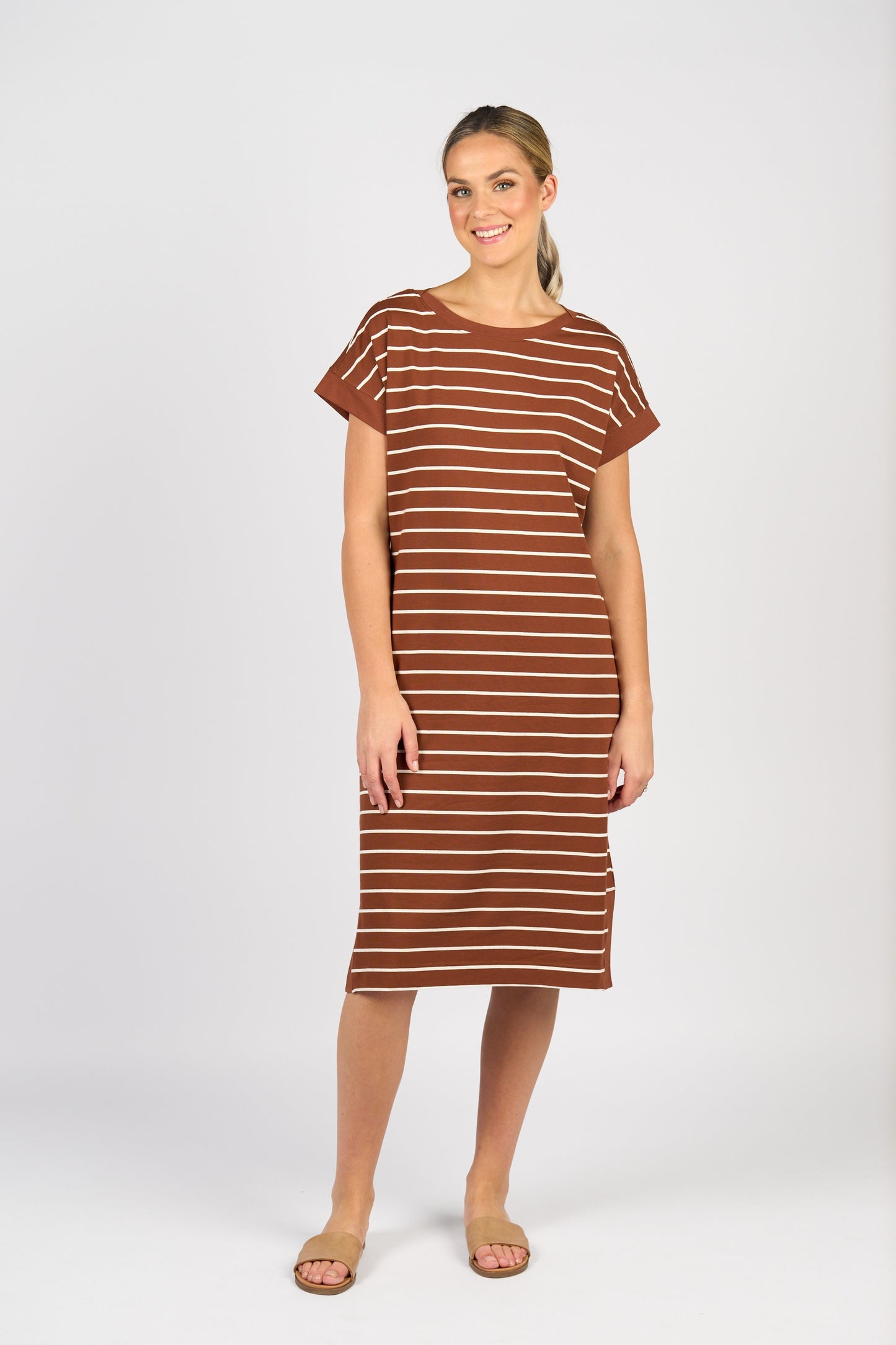 Vassalli Drop Sleeve T Shirt Dress Pecan Stripe