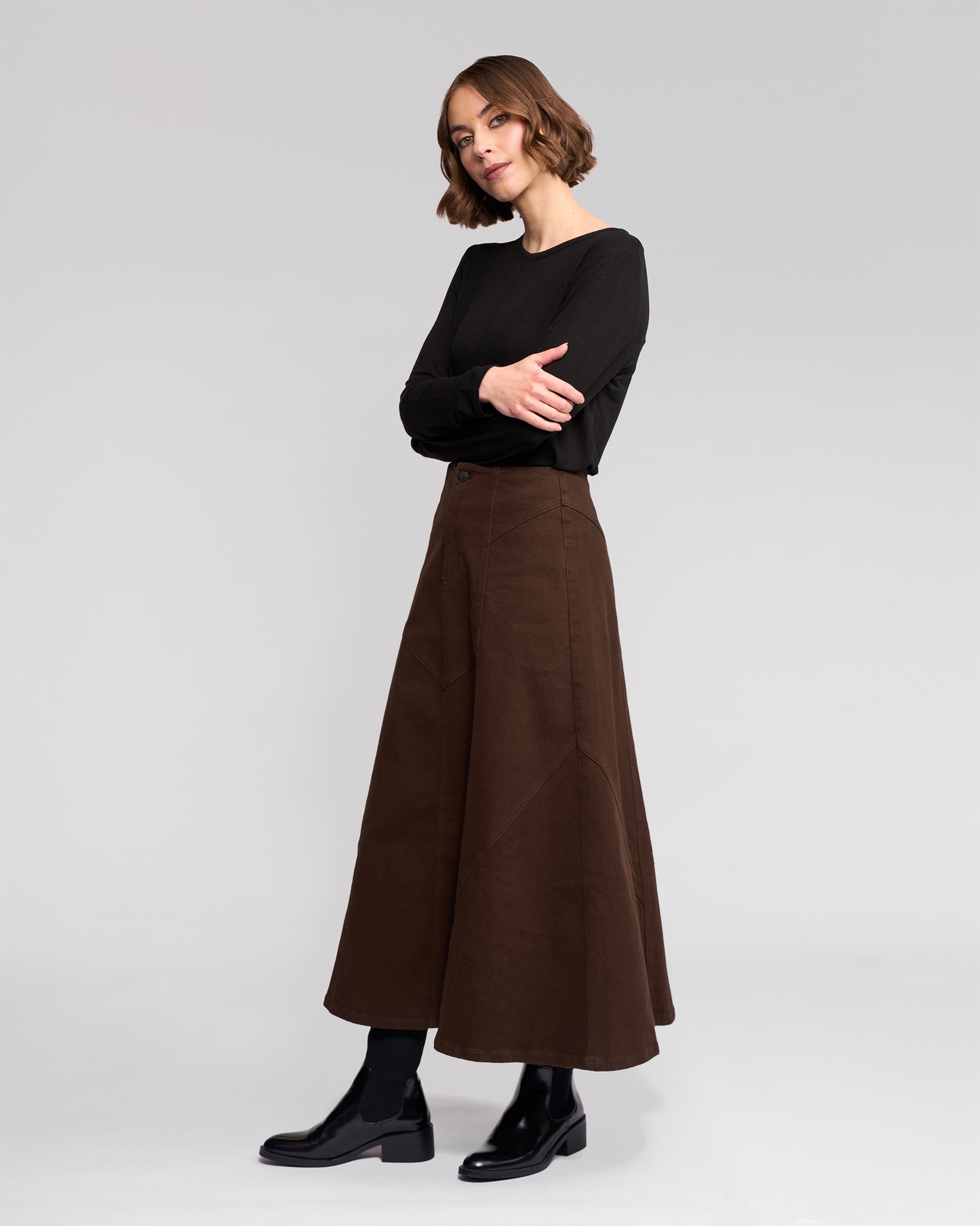 Vassalli Akari Midi Length Denim Skirt - Chocolate