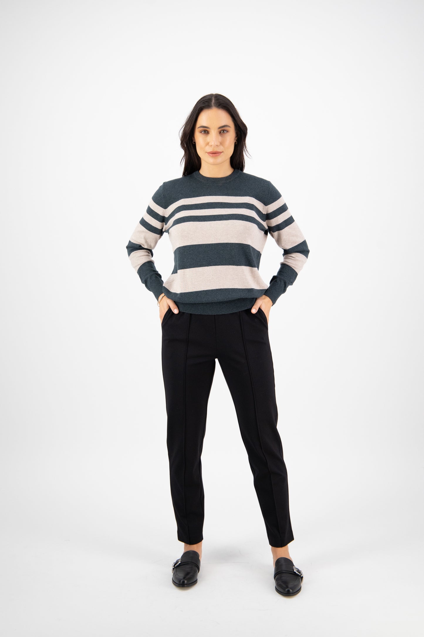 Vassalli Stripe Round Neck Knit Sweater - Forest