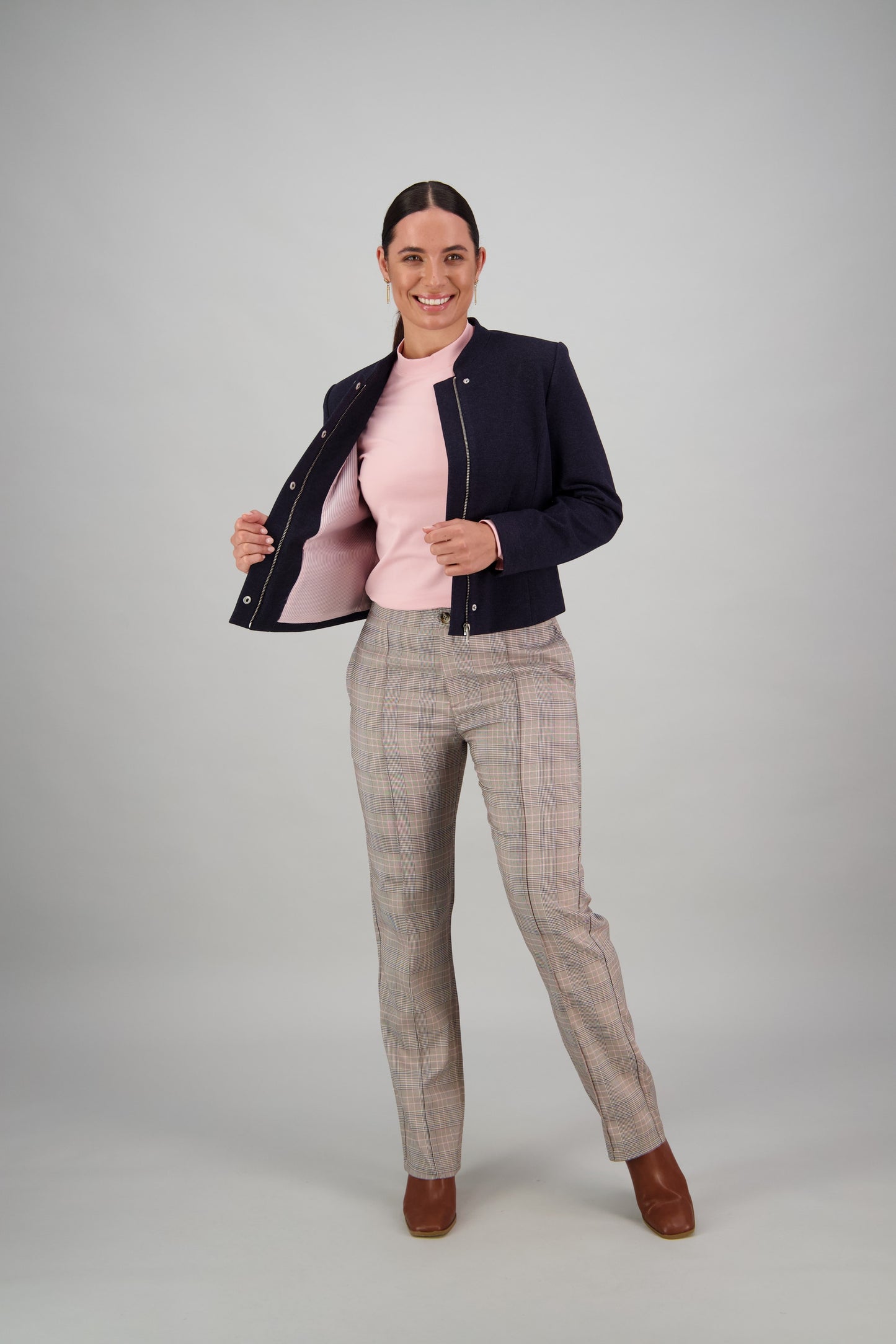 Vassalli Collarless Short Jacket with Concealed Zip - Navy Marle