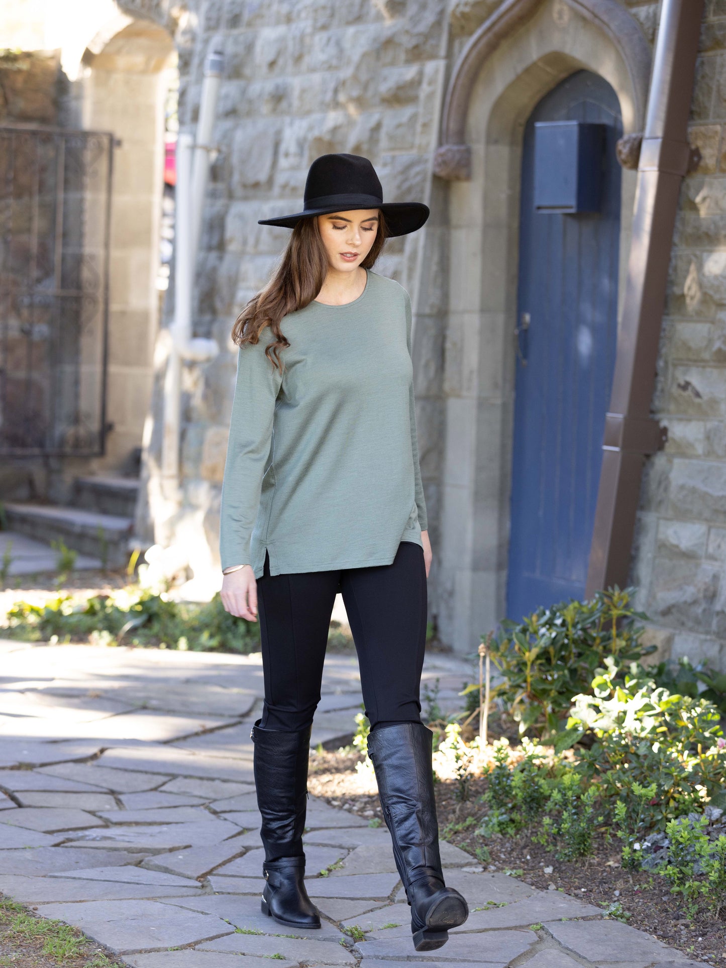 Vassalli 100% Merino L/Sleeve Top with Back Button Placket 4349 - Sage