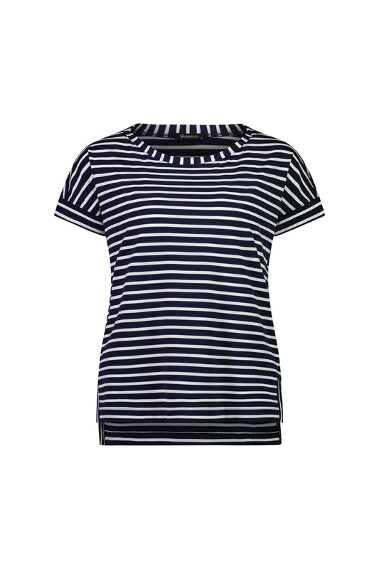 Vassalli Navy and White stripe With Stepped Hem Drop Sleeve T-Shirt
