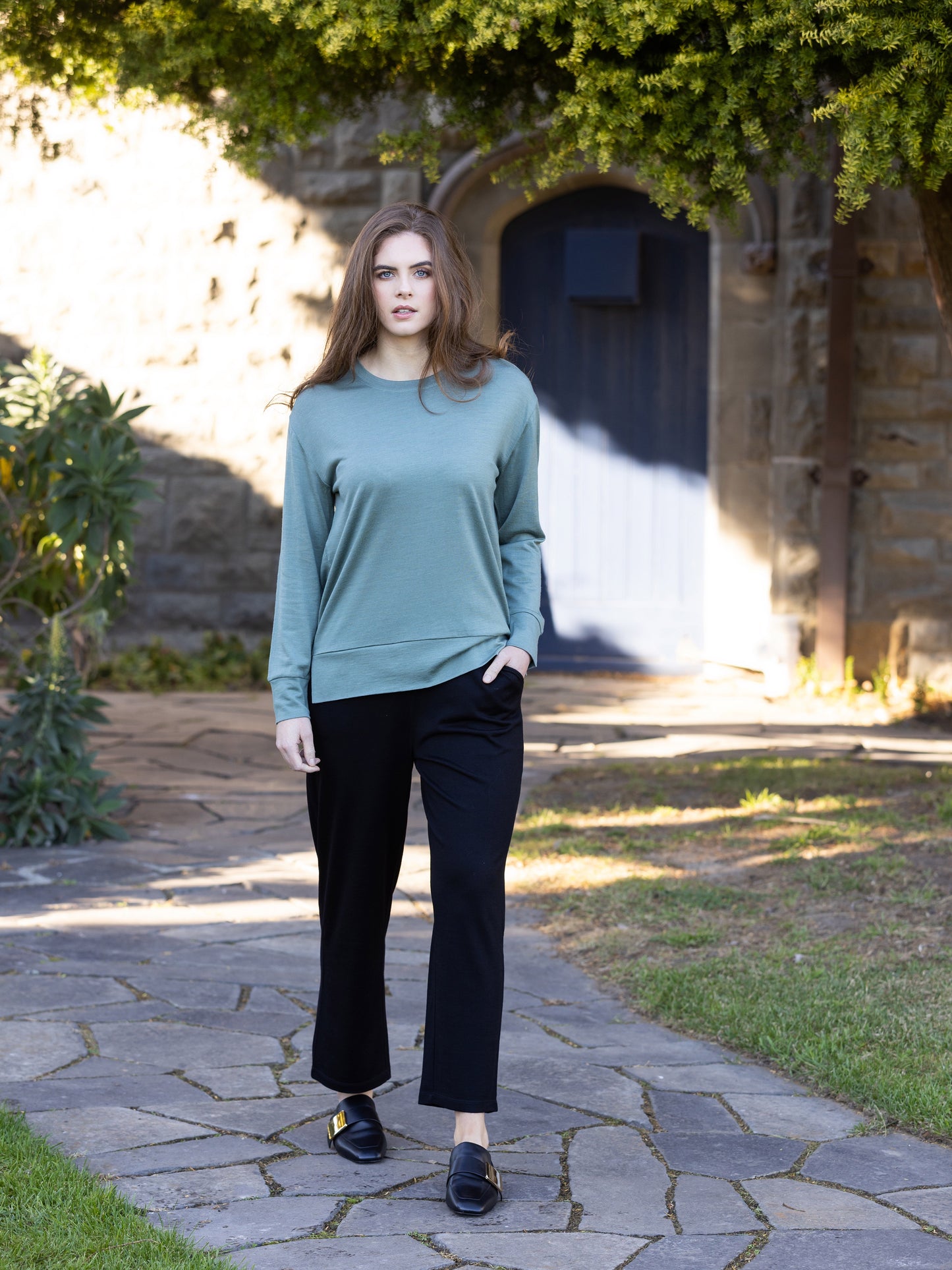 Vassalli 100% Merino Round Neck Top with Square hem - Sage