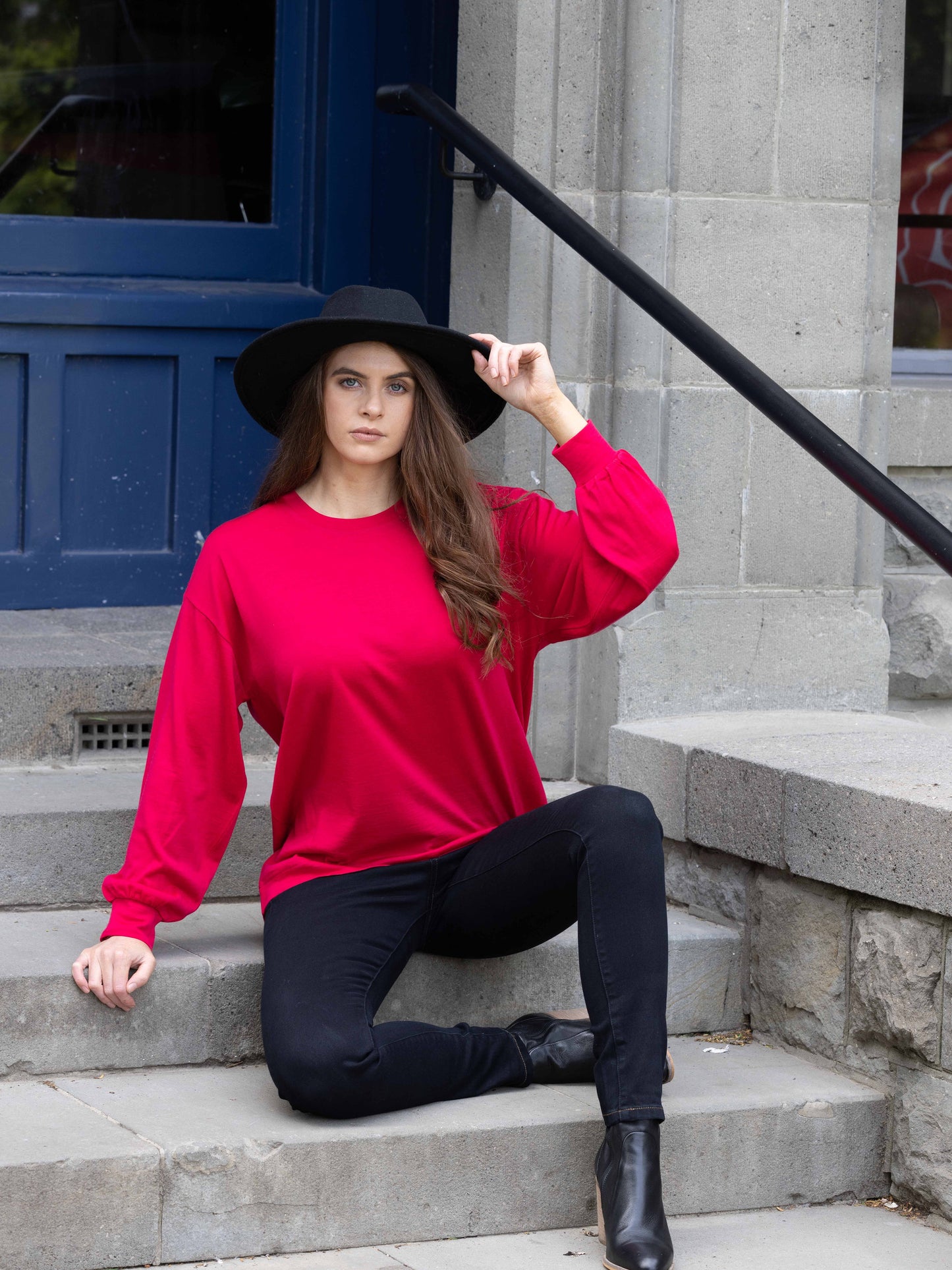 Vassalli 100% Merino Round Neck Drop Shoulder Top - Ruby