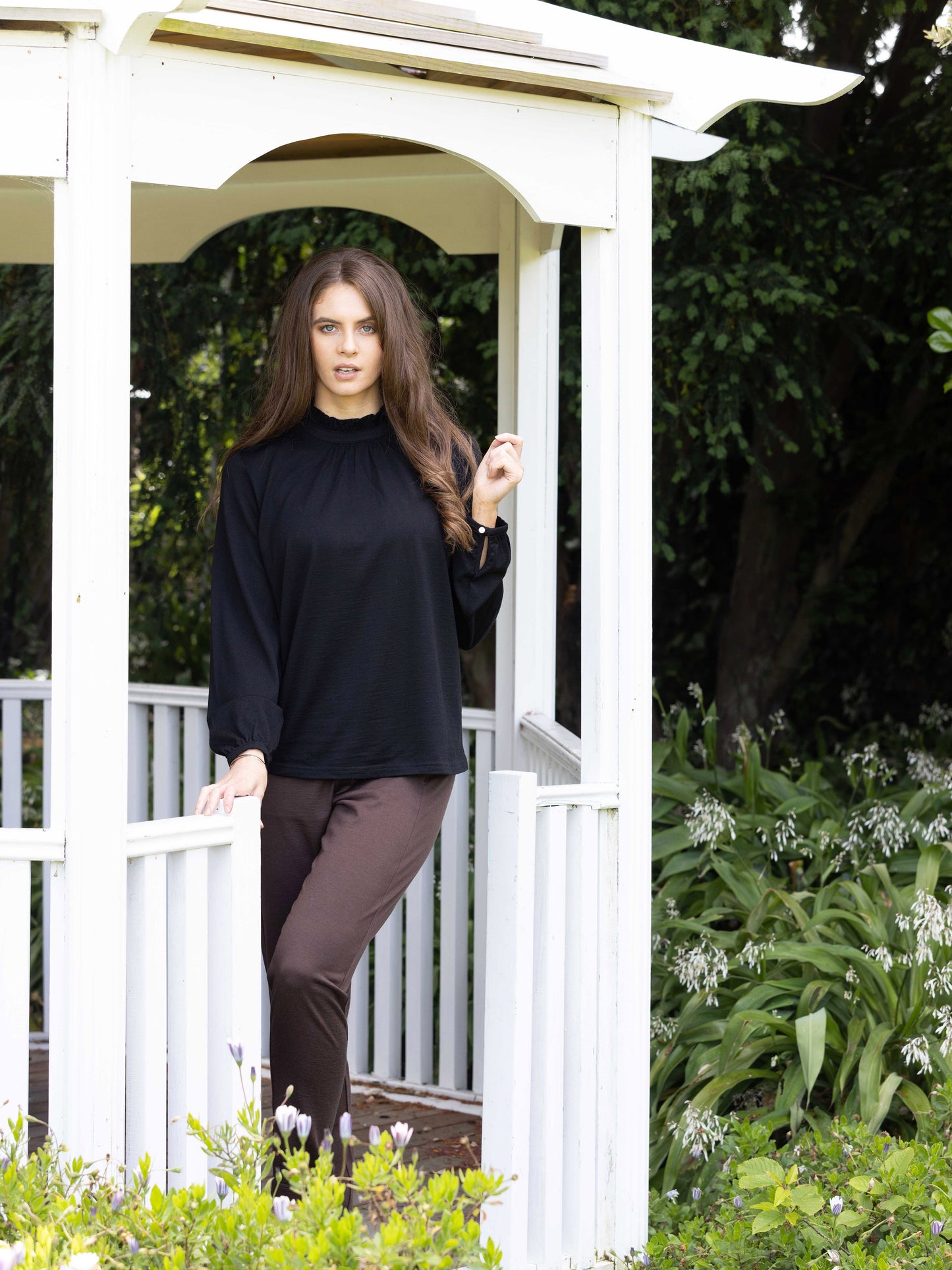 Vassalli 100% Merino Long Sleeve Ruffle Neck Top - Black