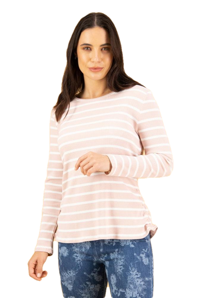 Vassalli Round Neck LS Top With Gather at Side - Candyfloss Stripe
