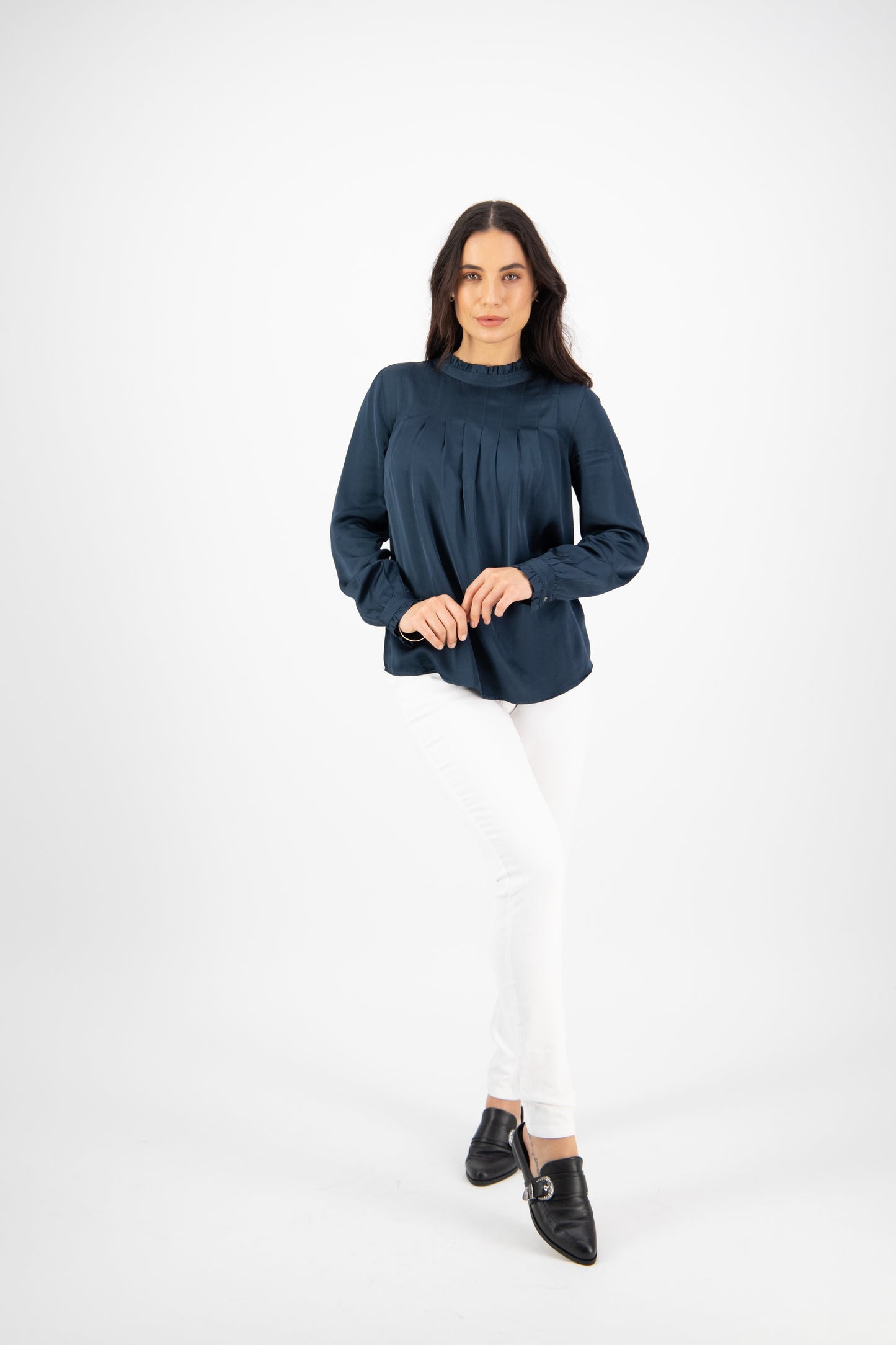 Vassalli Ruffle Neck Top with Pleat Front - Peacock