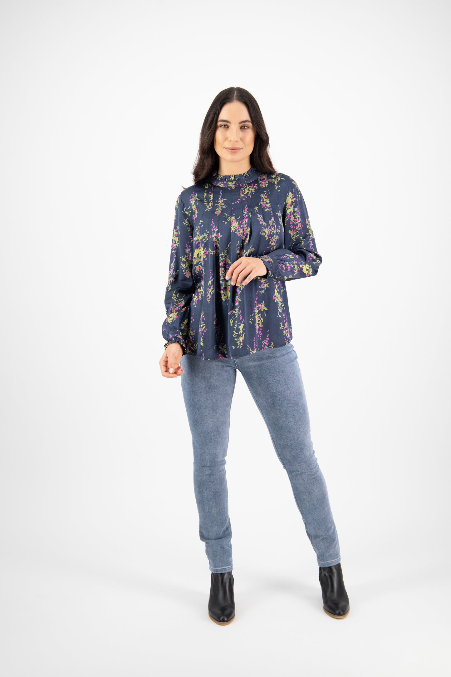 Vassalli Ruffle Neck Top with Pleat Front - Wisteria