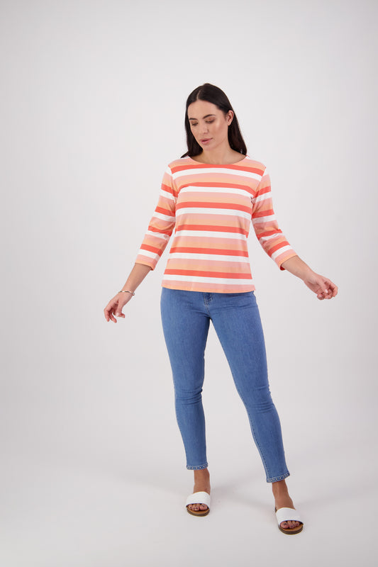 Vassalli Coral Stripe Round Neck with Elbow Length Sleeve T-Shirt