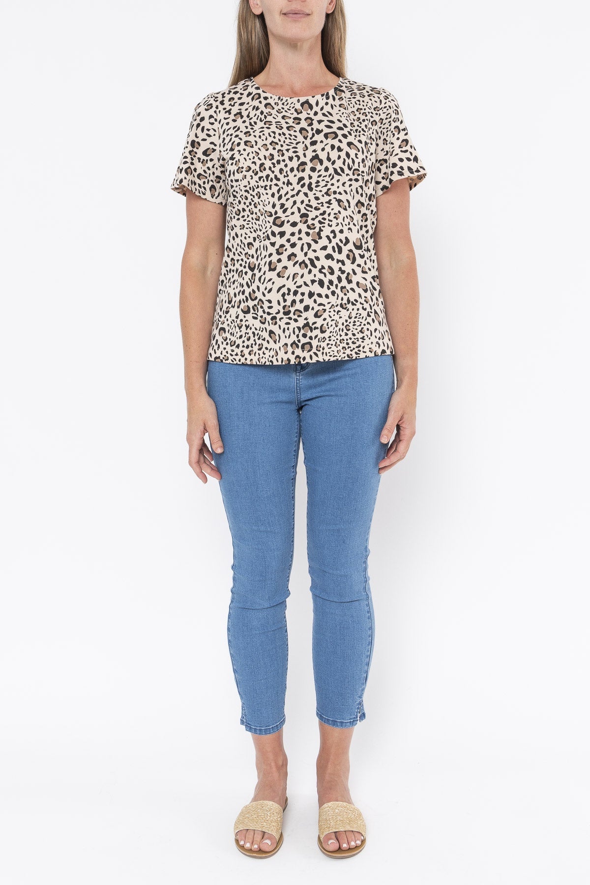 Jump Leopard Print Short Sleeve Crew Neck Top