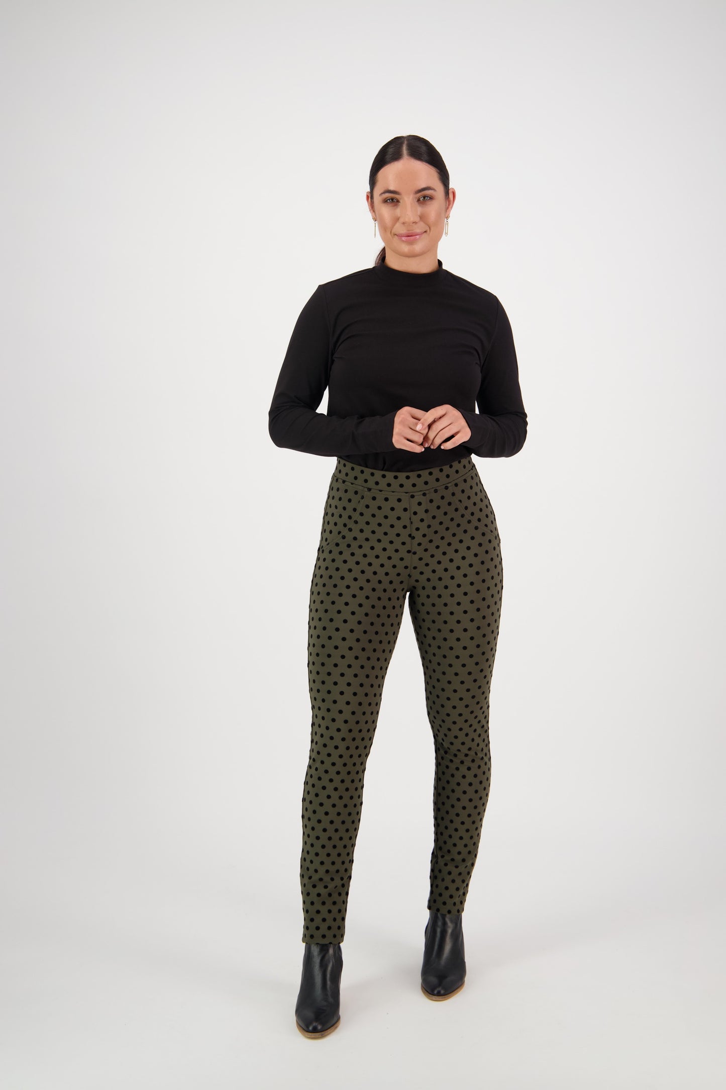 Vassalli Skinny Leg Ankle Grazer Printed Ponti Pull On Pants - Khaki
