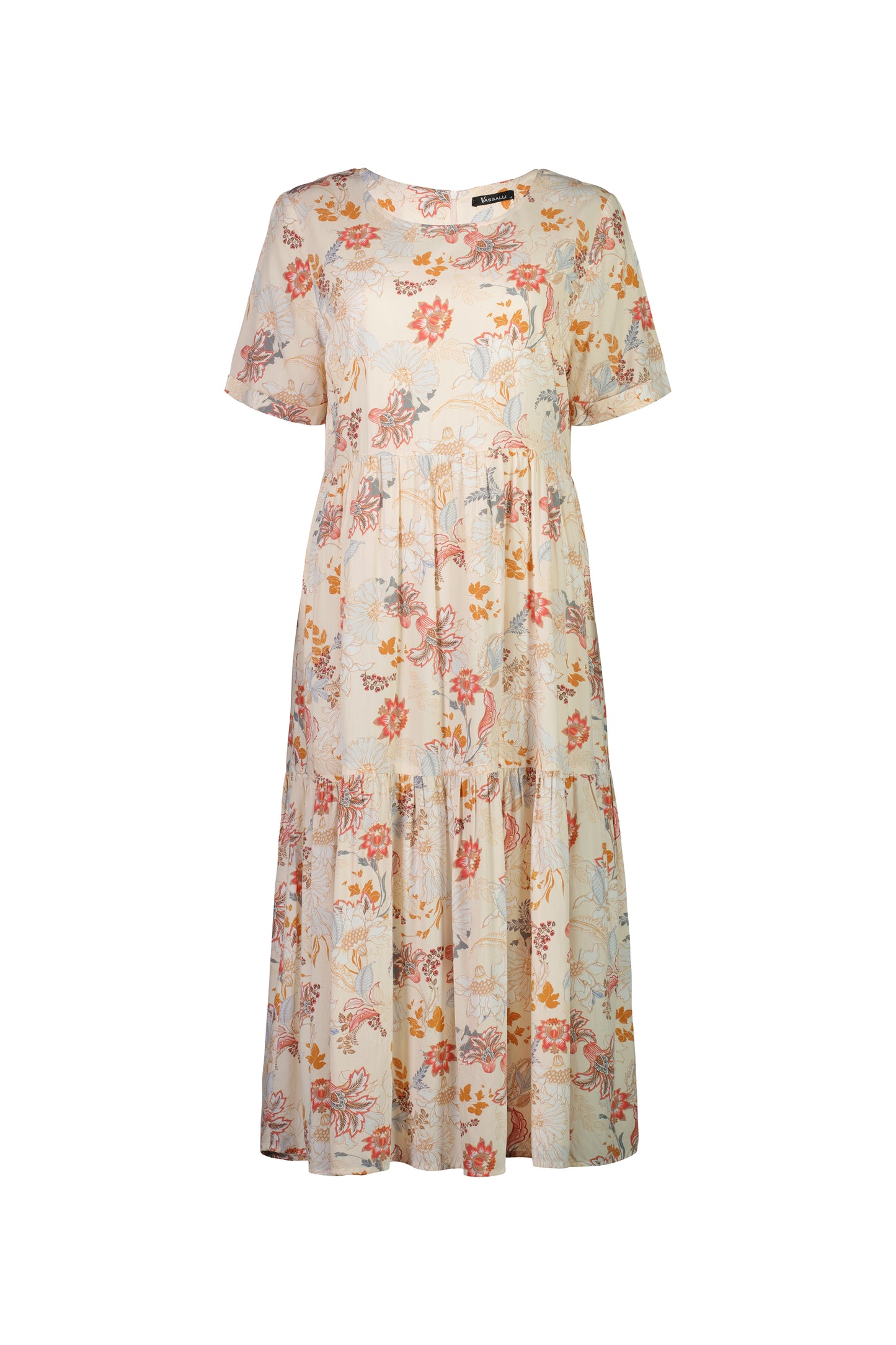 Vasaalli Round Neck Short Sleeve Tiered Dress 6070