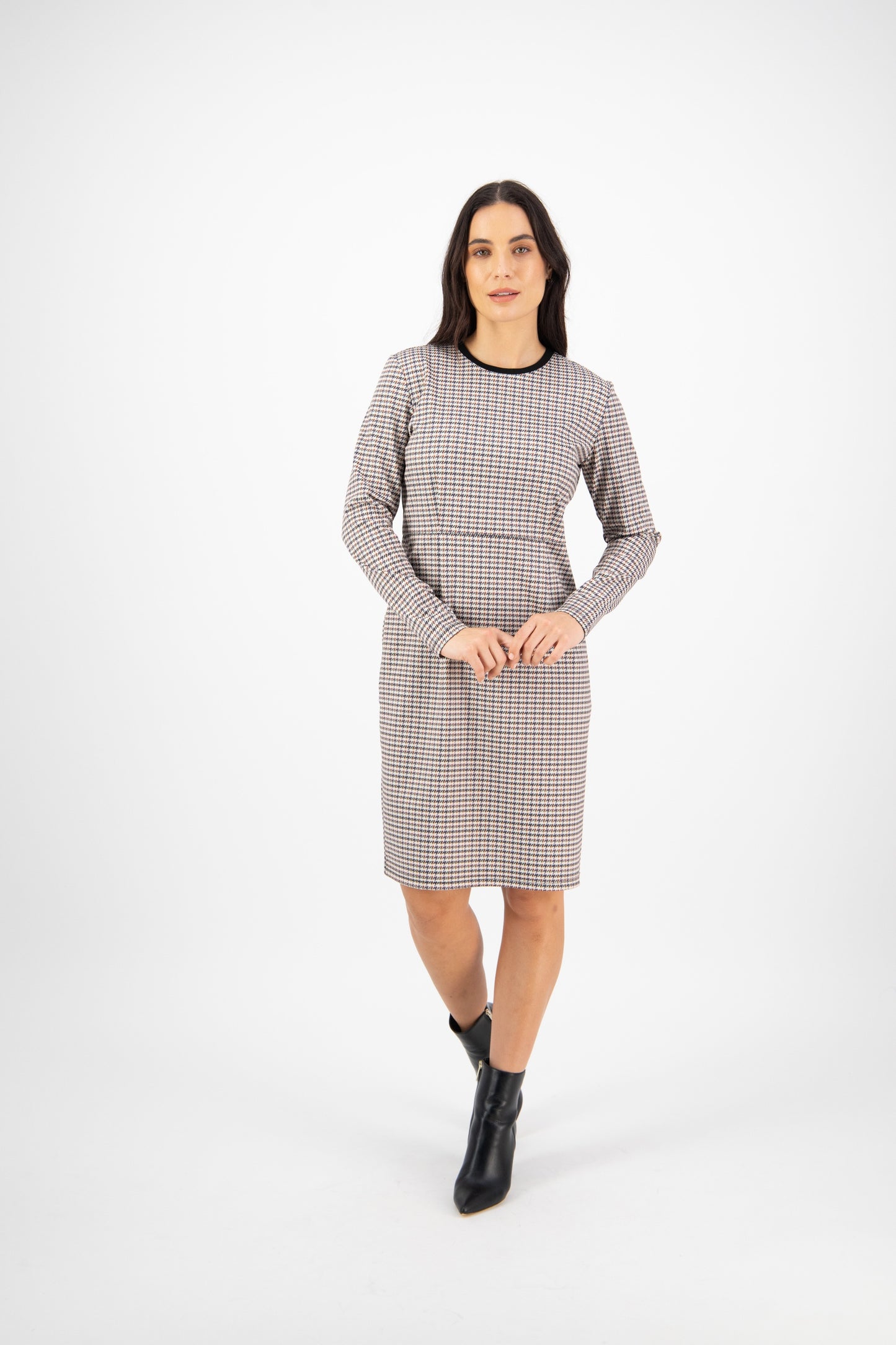 Vassalli LS Knit Dress with Rib Neckline - Peacock Check
