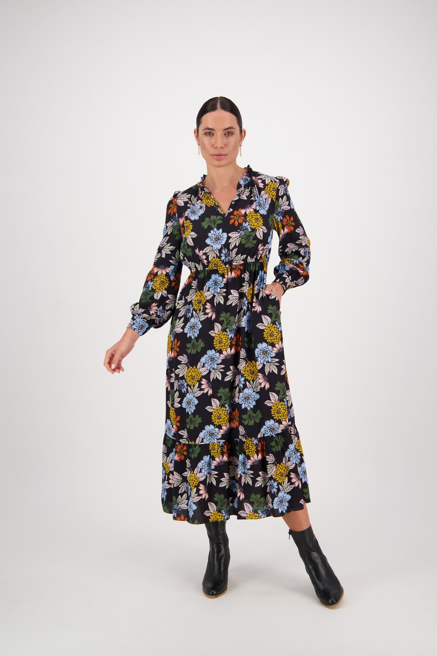 Vassalli Viva La Bloom Printed Frill Neck Dress with Panel Hem