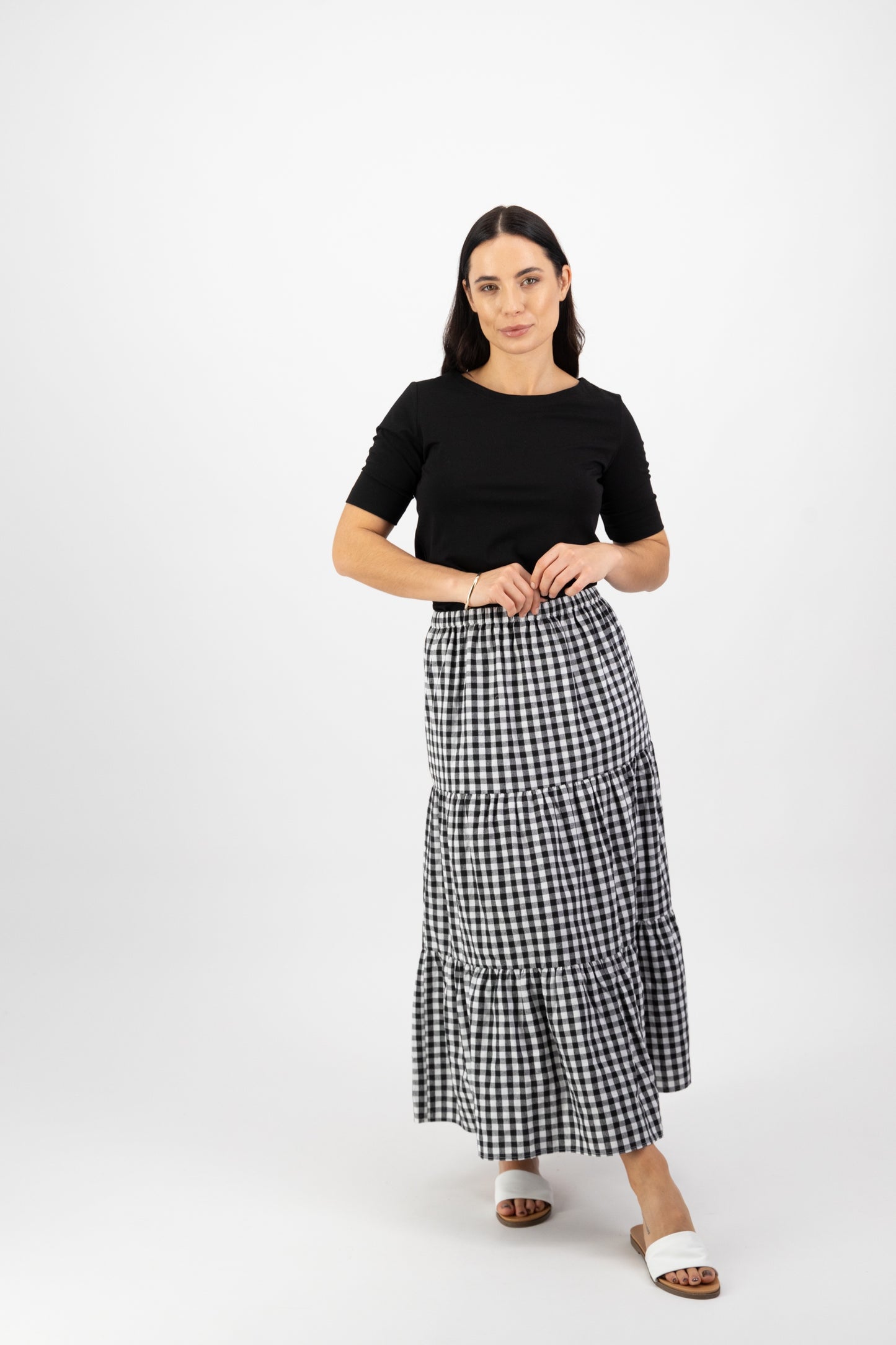 Vassalli Long Tiered Skirt - Black Check