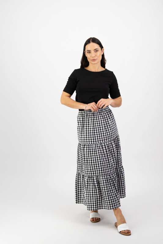 Vassalli Long Tiered Skirt - Black Check