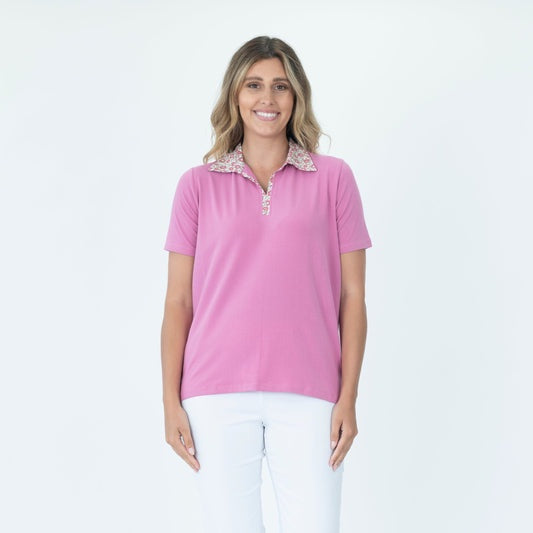 Renoma Pink Trim Floral Collar Short Sleeve Top