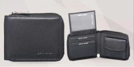 Black men's leather wallet with zip closure and card slots, ideal for everyday carry and fashion accessories.