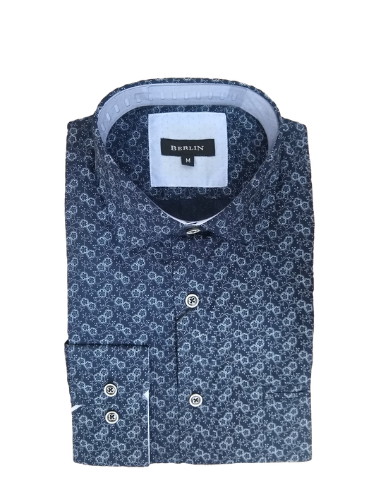 Berlin Navy/Stone Floral Print Long Sleeve Shirt