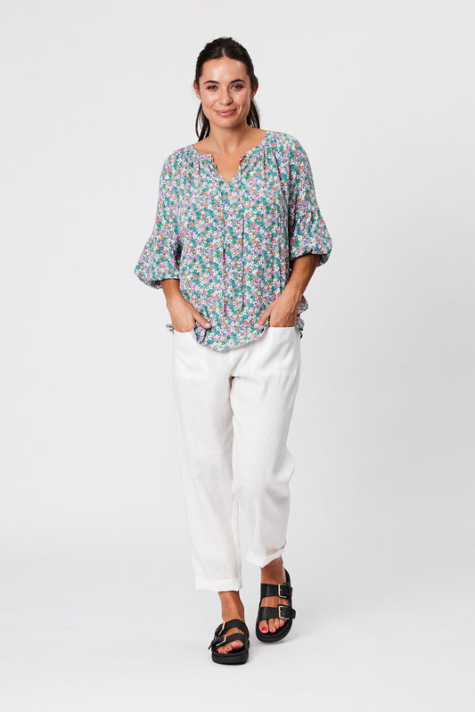 Blackstone Verdigris Gathered Yoke Half Sleeve Top