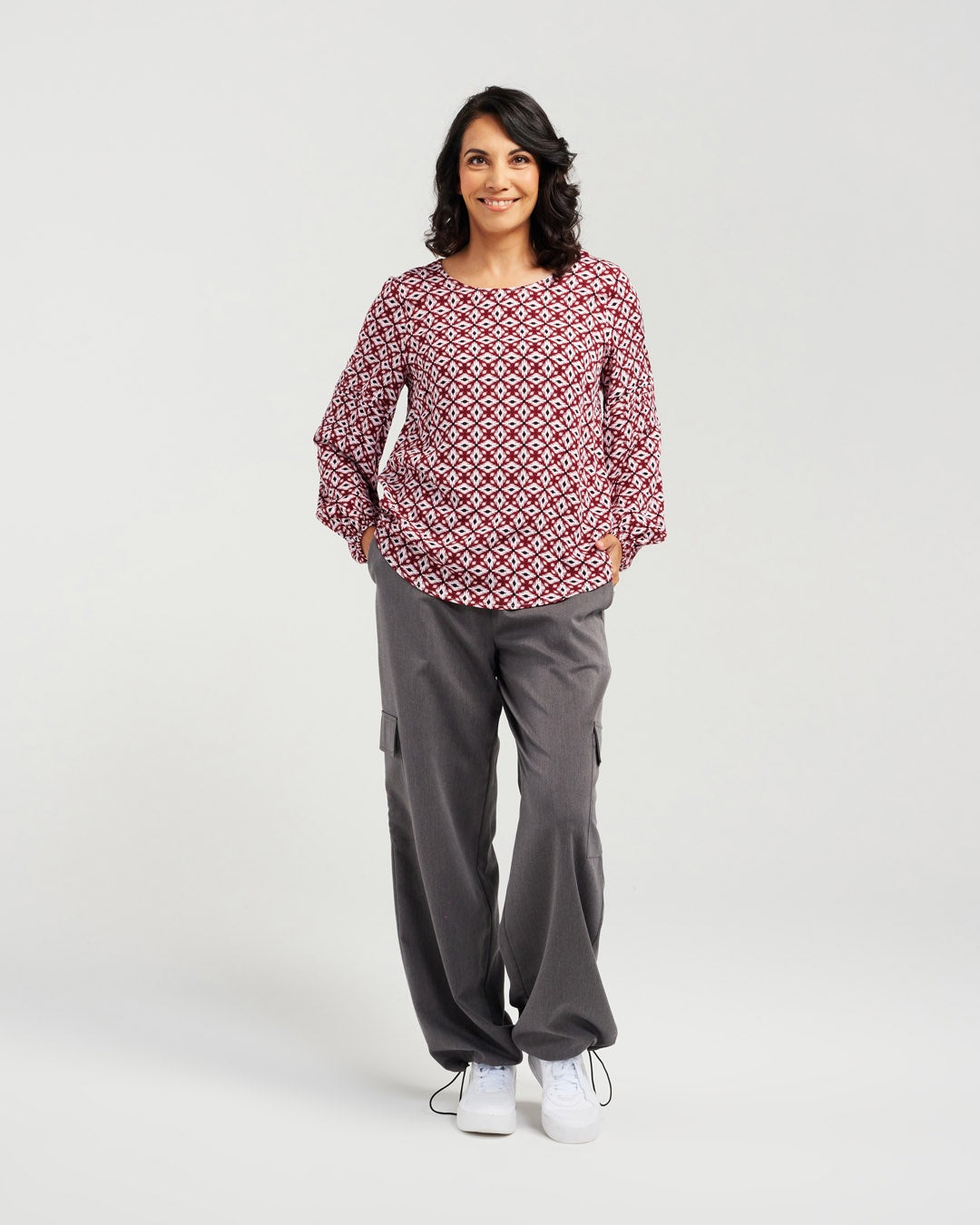 Blackstone Rhubarb Printed Pintuck Long Sleeve Top