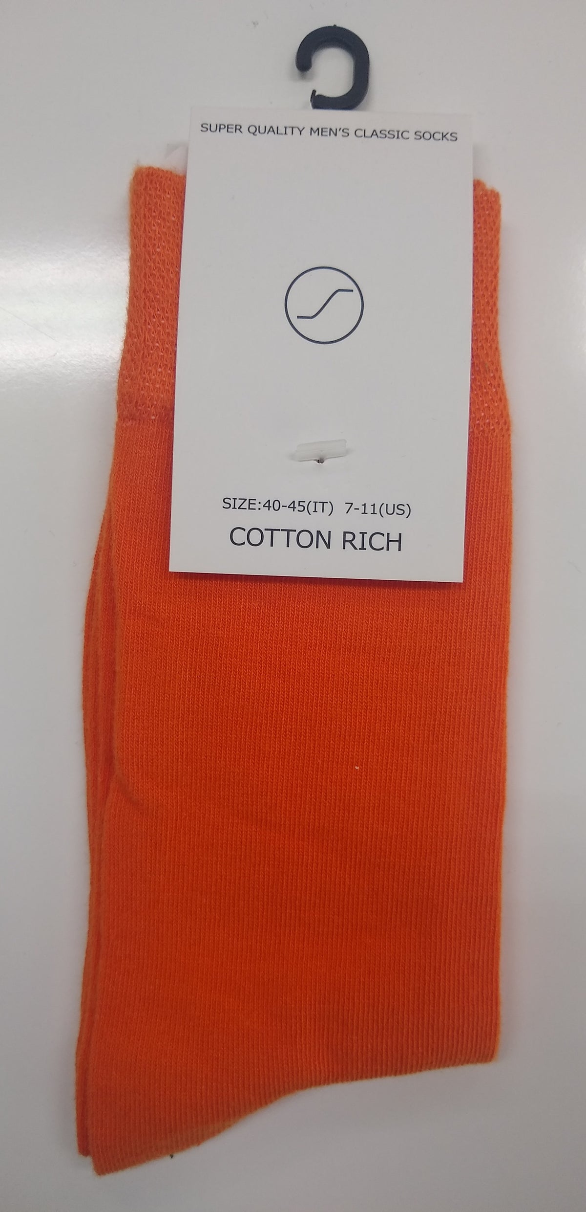 Bright orange men's classic cotton-rich socks, size 40-45, displayed with tag.