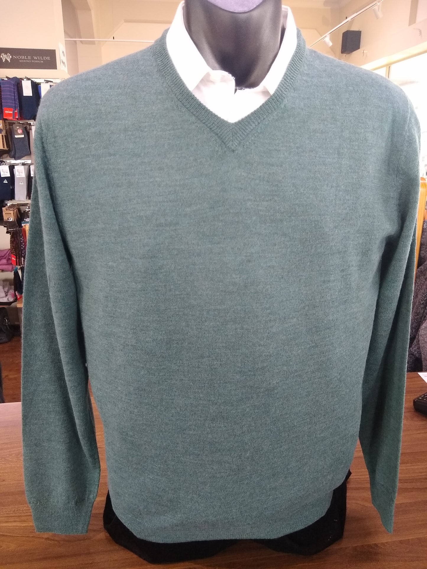 Berlin Green Melange Merino V Neck Jumper
