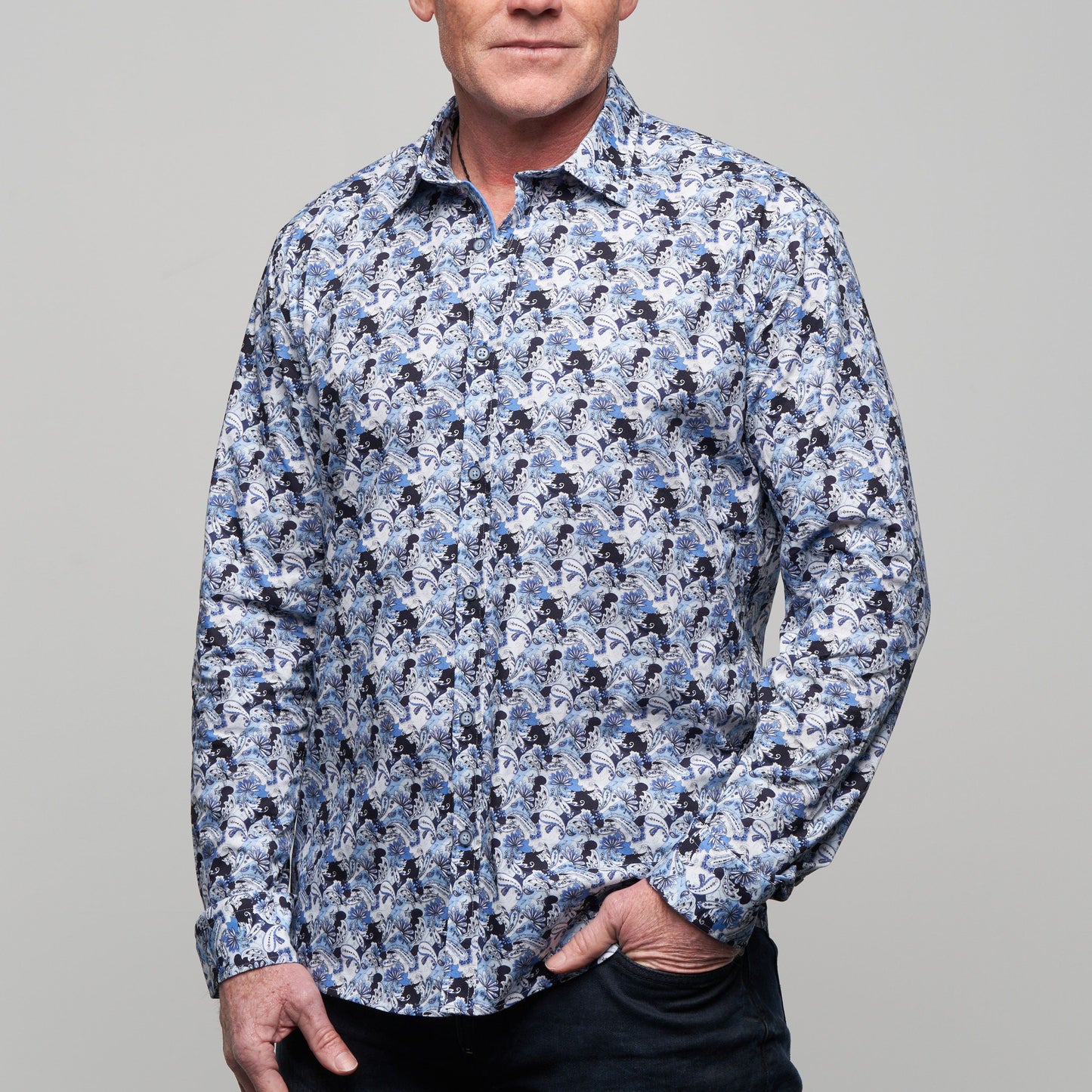 Jimmy Fox Blue Geometric Long Sleeve Shirt