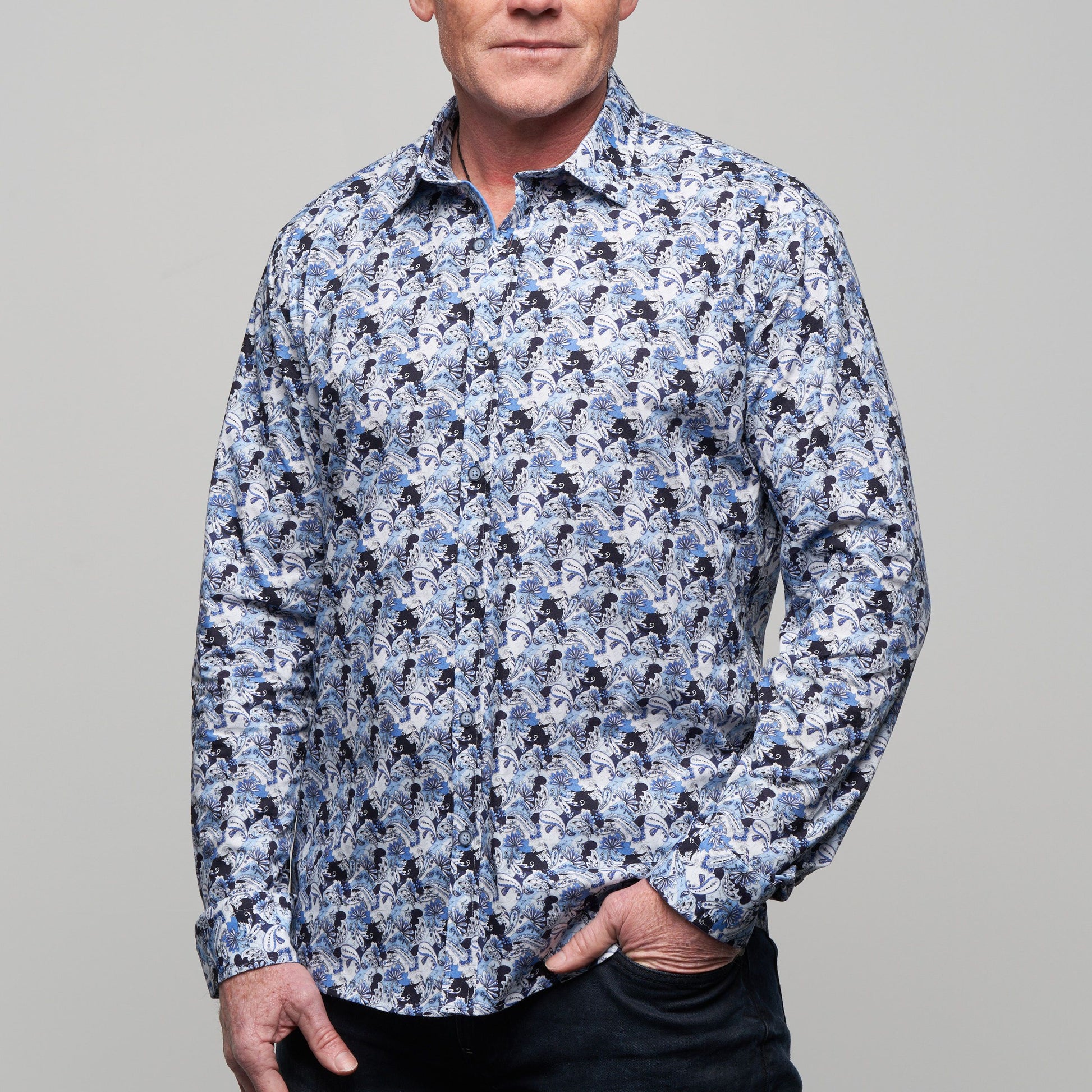 Jimmy Fox Blue Geometric Long Sleeve Shirt
