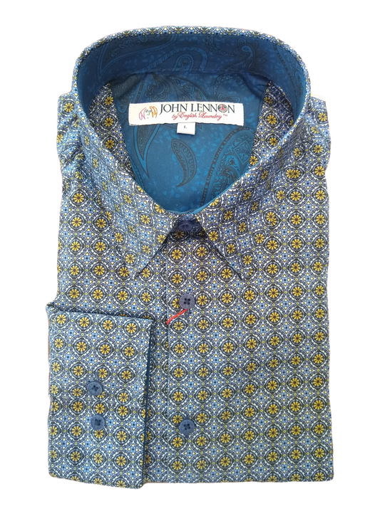 John Lennon Blue-Gold Print Long Sleeve Shirt