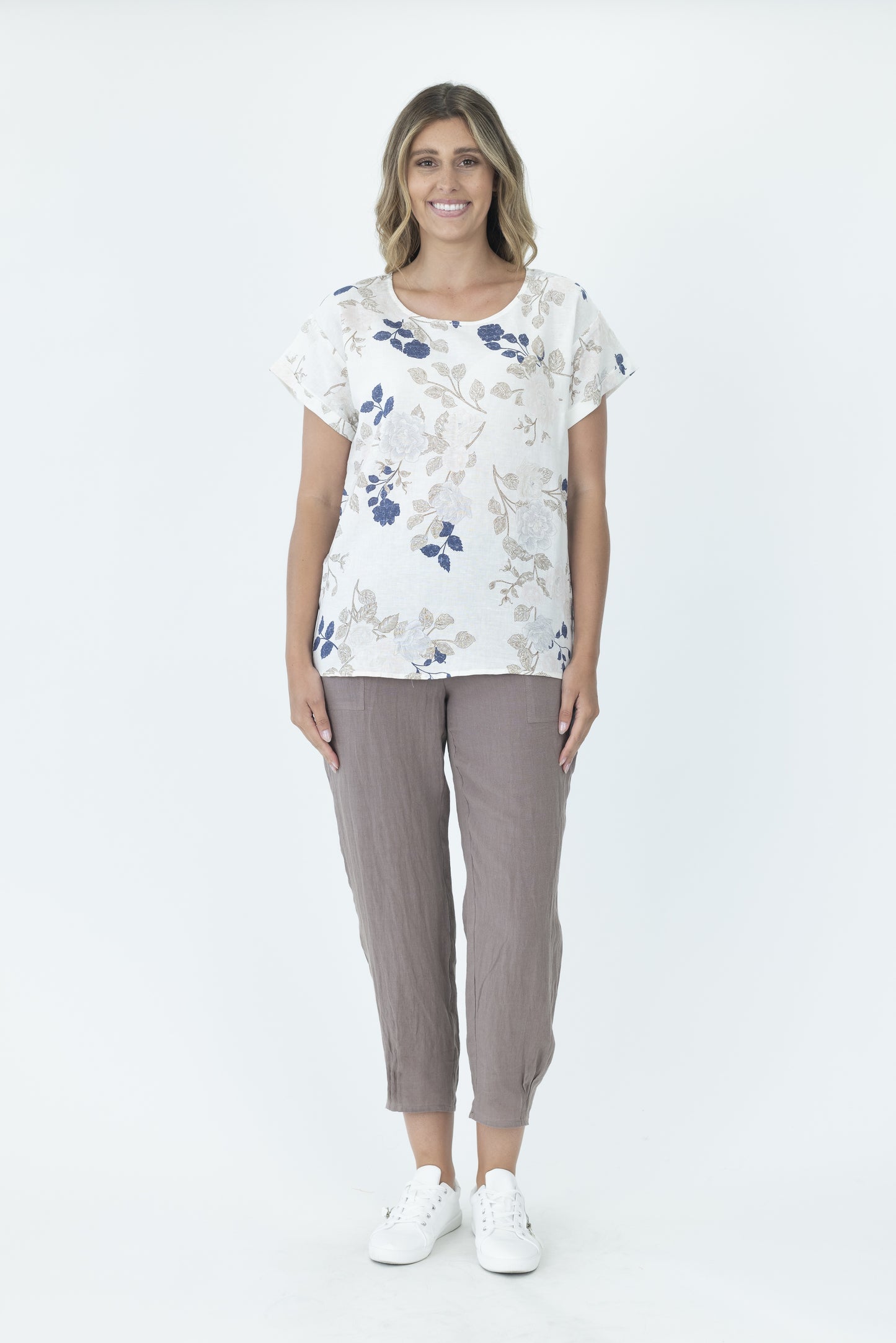 Maglia Ladies White Multi Short Sleeve Linen Top