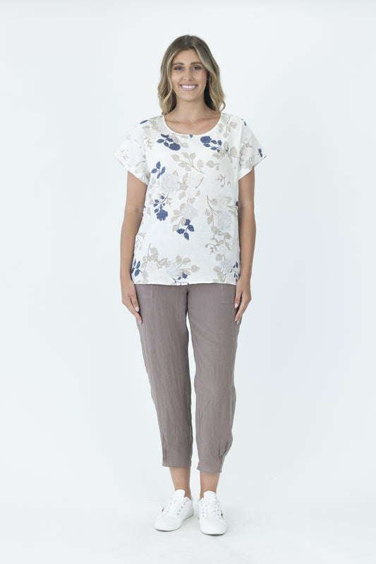 Maglia Ladies White Multi Short Sleeve Linen Top