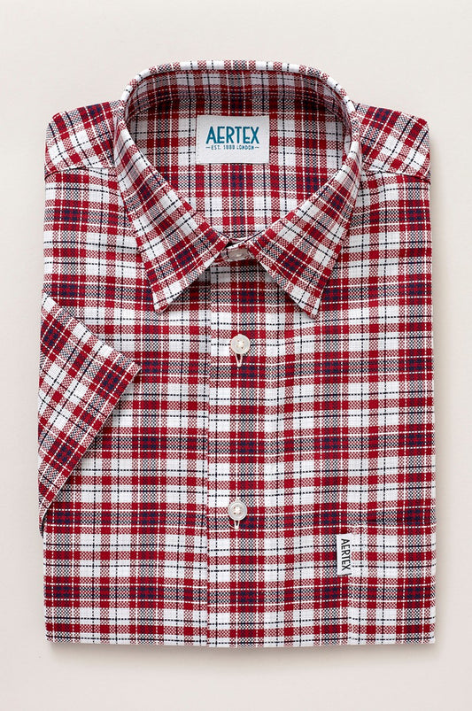 Aertex Men's Rust Red and White Large Check Short Sleeve Shirt