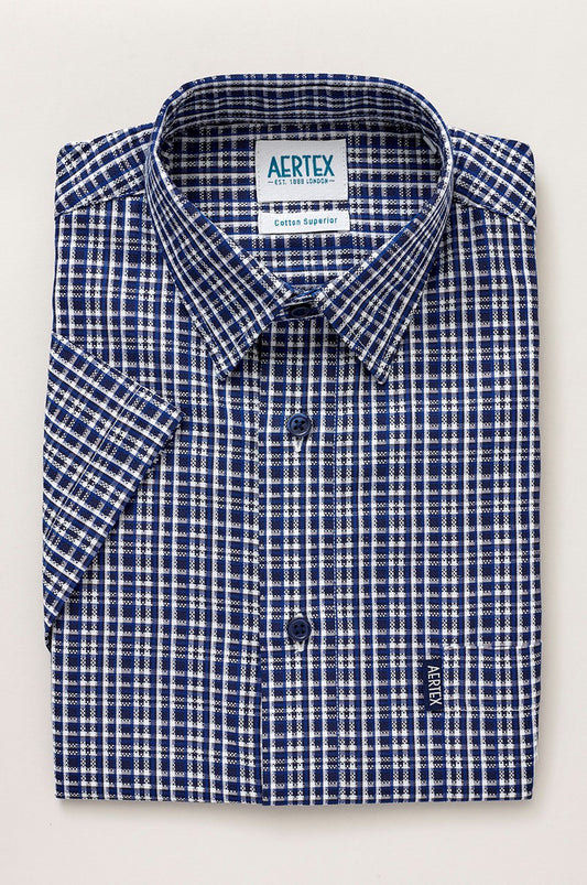 Aertex Men's Navy White Stripe Check Short Sleeve Shirt