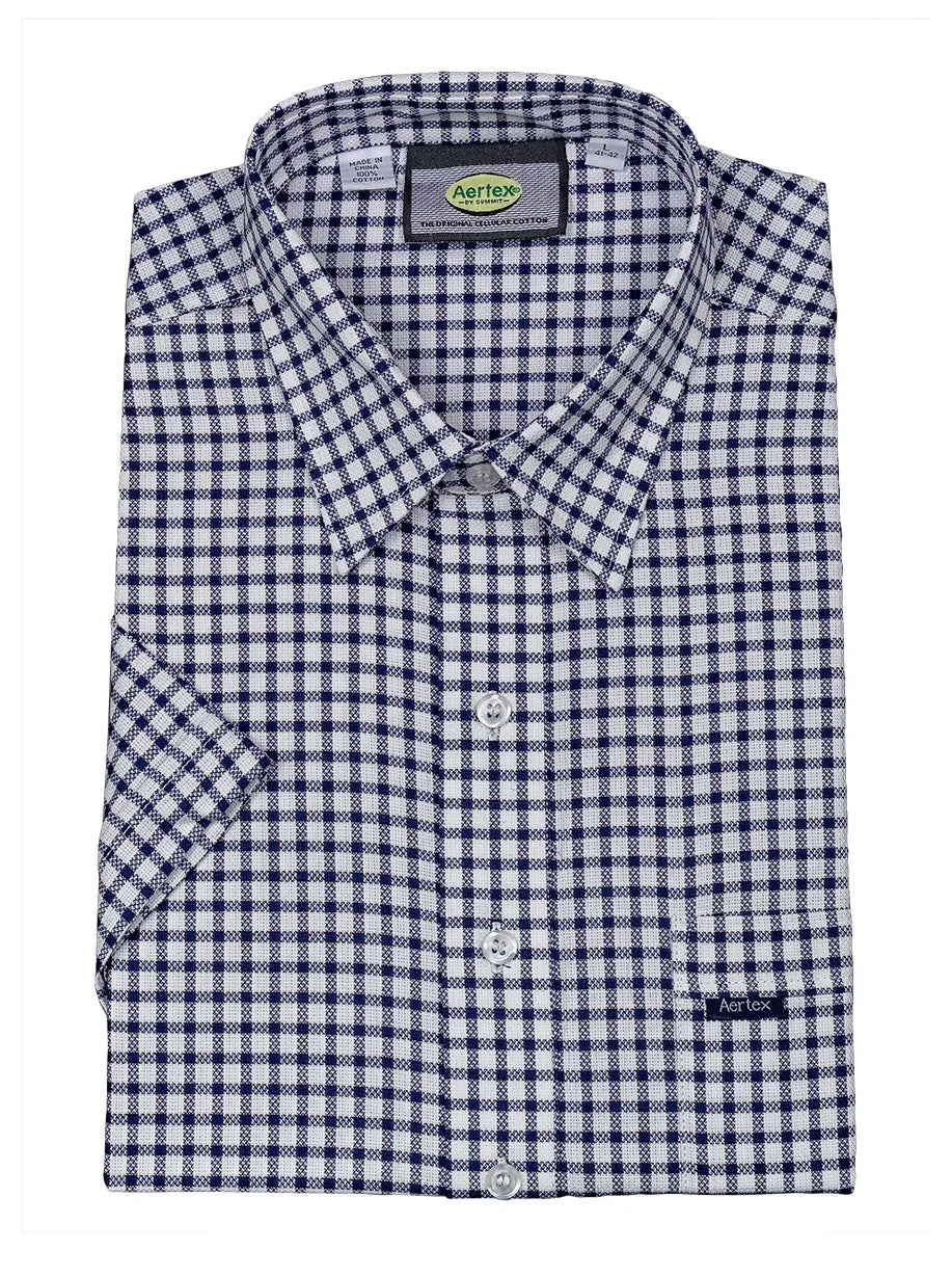 Men's navy and white checkered short sleeve shirt, Aertex brand, button-front design