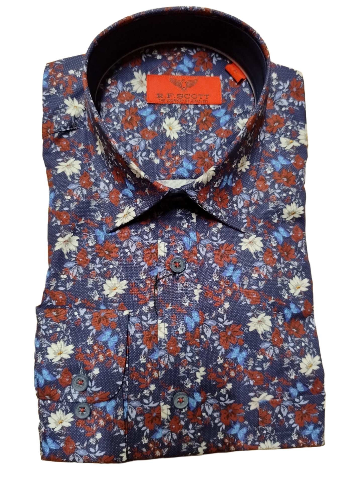 R.F. Scott Feilding Deep Blue with a Red and White Floral Long Sleeve Shirt