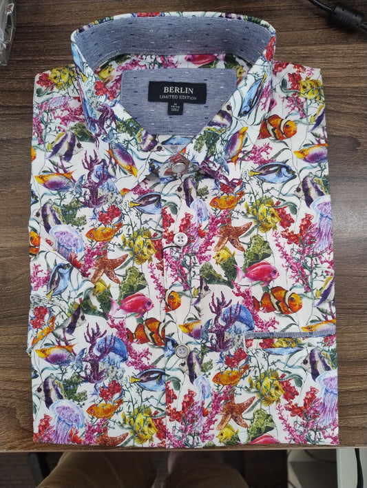 Berlin Tropical Fish Satin Print Short Sleeve Shirt