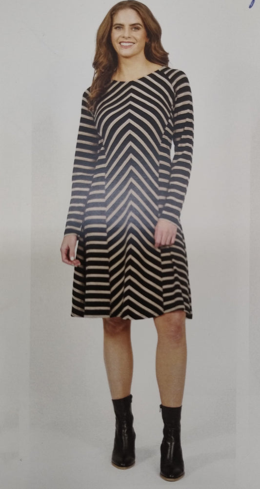 Vassalli 100% Merino LS Swing Dress - Forest/Twig Stripe