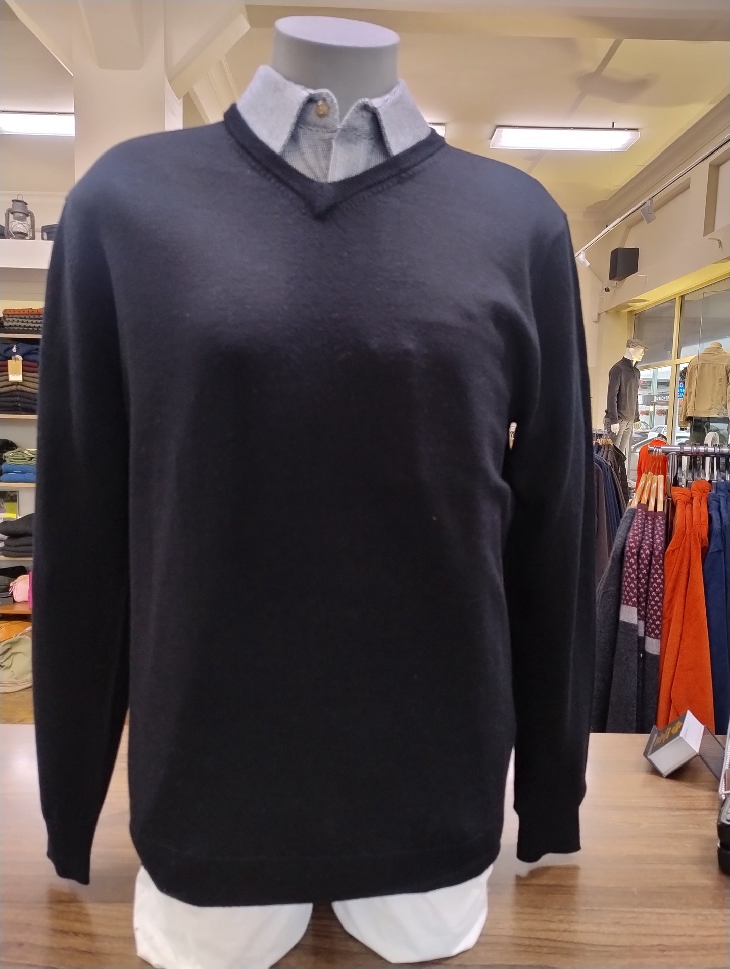 Berlin Black Merino V Neck Jumper