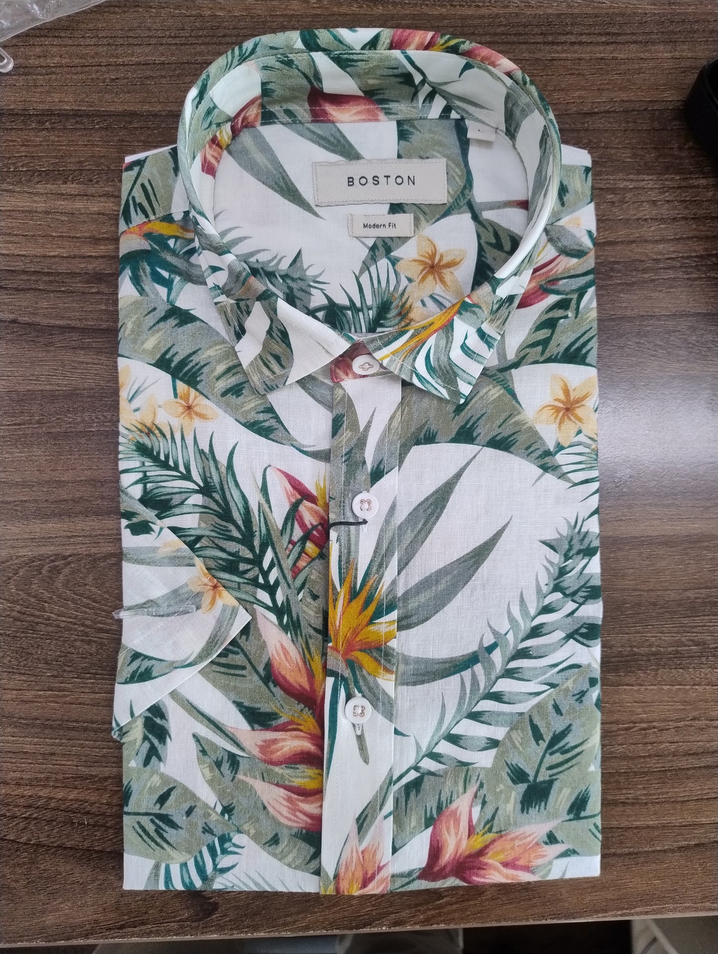 Boston Sel Ecru Green Floral Linen Short Sleeve Shirt