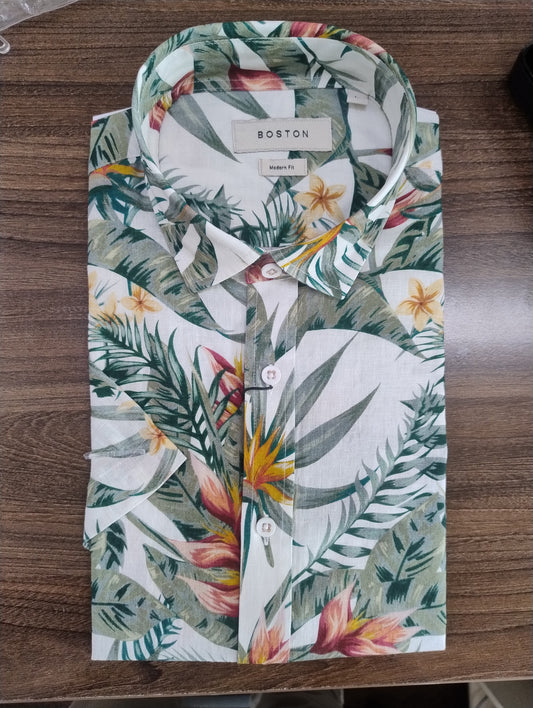 Boston Sel Ecru Green Floral Linen Short Sleeve Shirt