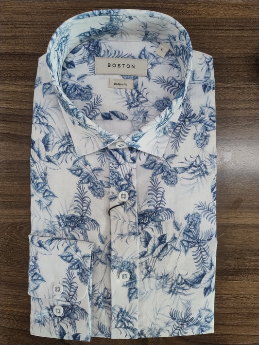 Boston Sel Blue White Linen Print Long Sleeve Shirt