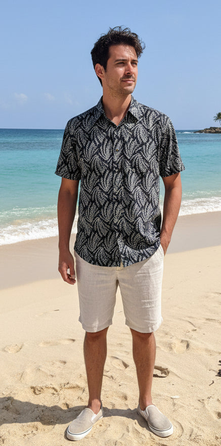 LFD Lifestyle Leaf Pattern Short Sleeve Shirt - Navy & Green