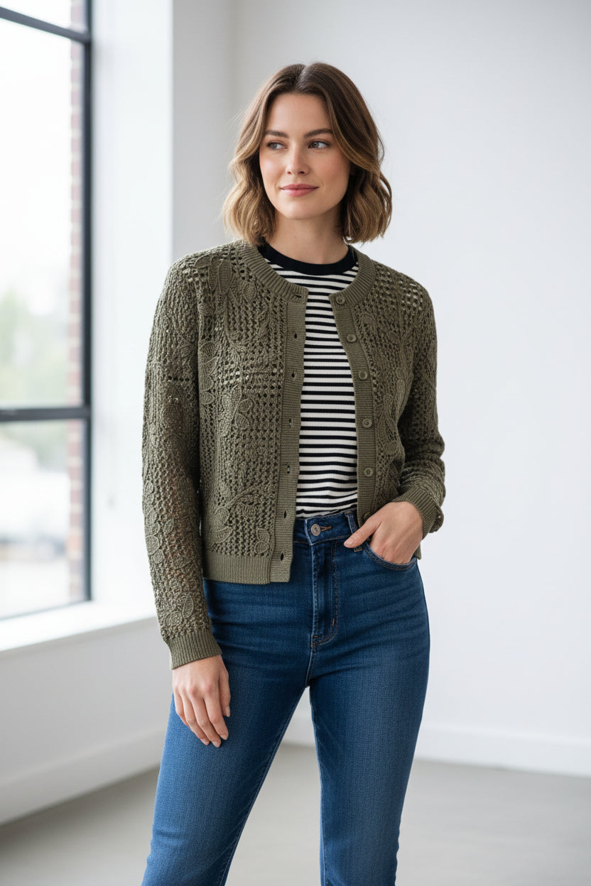 Country Road Applique Knit Cardigan - Caper