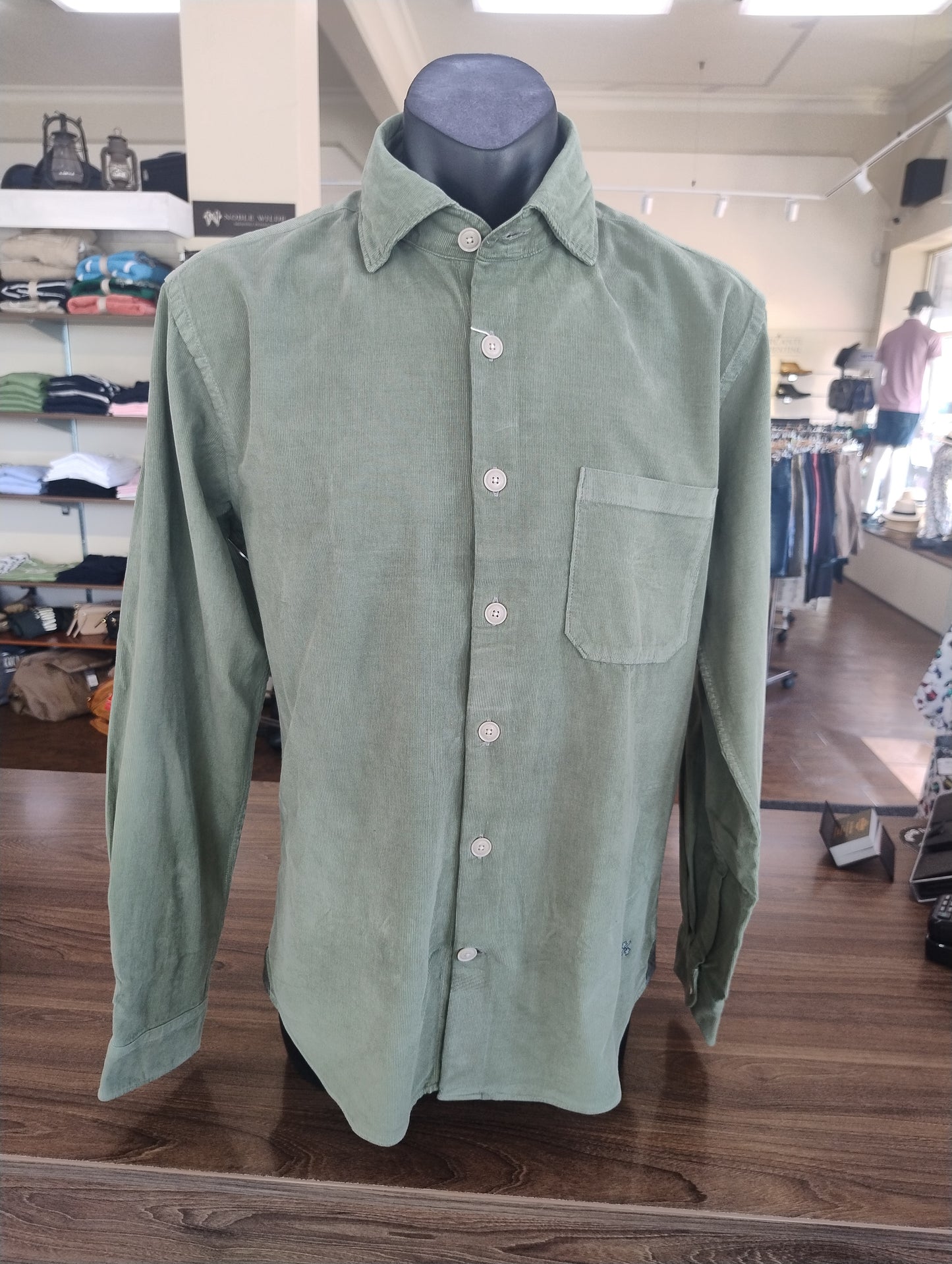 Two Flowers Green Fine Cord Long Sleeve Shirt