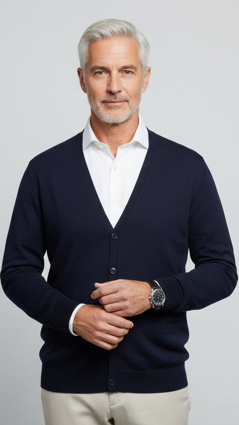 Fields Merino Cardigan 2/pockets Rib Basque - Navy