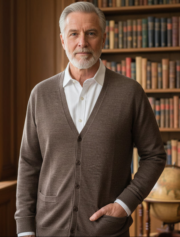 Fields Merino Cardigan 2/pockets Rib Basque - Brown